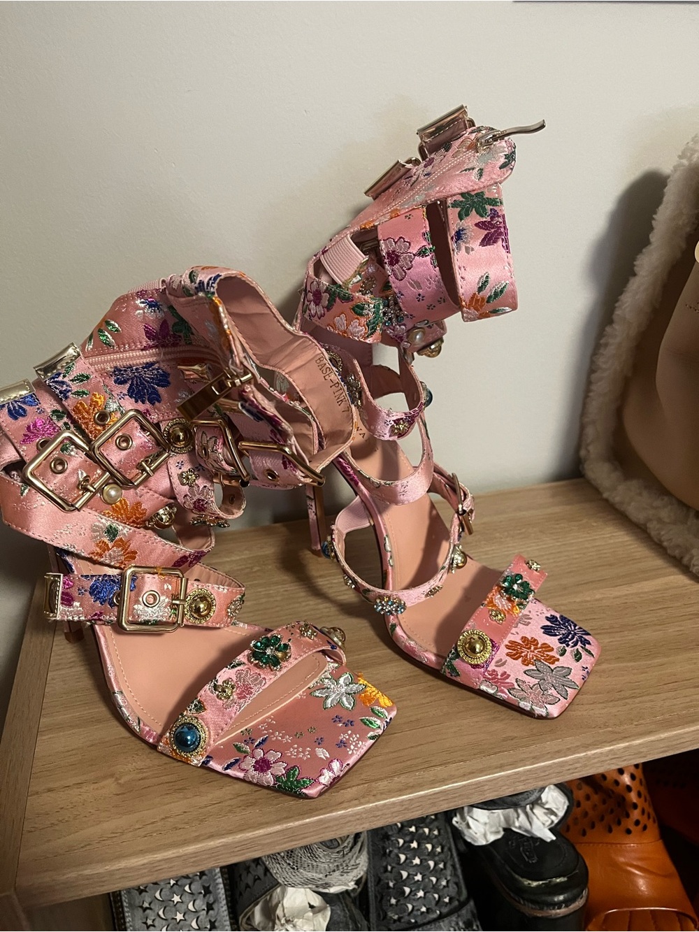 Azalea Wang Pink Floral Embellished Strappy Heels Size 7